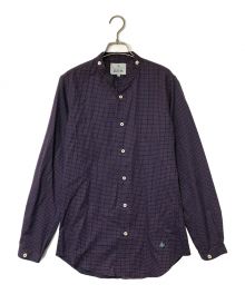 Vivienne Westwood man（ヴィヴィアン ウェストウッド マン）の古着「刺繍バンドカラーチェックシャツ Vivienne Westwood man ヴィヴィアン ウェストウッド マン ネイビー ロゴ スタンドカラーシャツ」｜ネイビー