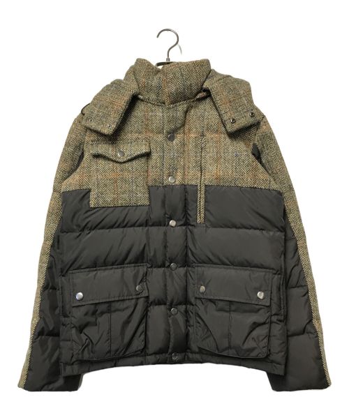 BARNEYS NEWYORK（バーニーズ・ニューヨーク）BARNEYS NEWYORK (バーニーズ・ニューヨーク) Harris Tweed (ハリスツイード) ツイード切替フーデットダウンジャケット ブラウン サイズ:Ｌの古着・服飾アイテム