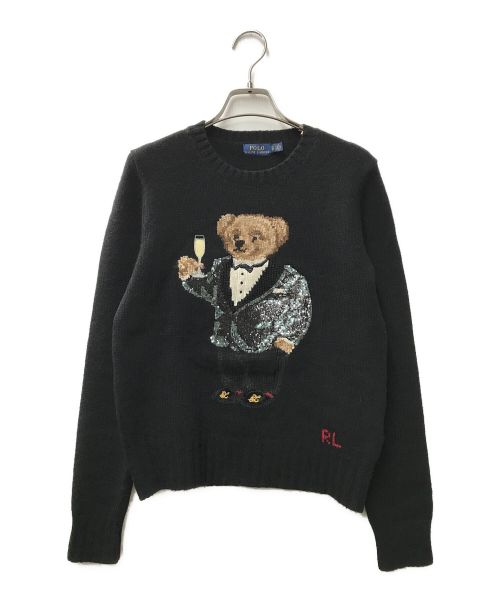 POLO RALPH LAUREN（ポロ・ラルフローレン）POLO RALPH LAUREN (ポロ・ラルフローレン) カシミヤキャメル混 ポロベア スパンコールクルーネックニット ブラック サイズ:XSの古着・服飾アイテム