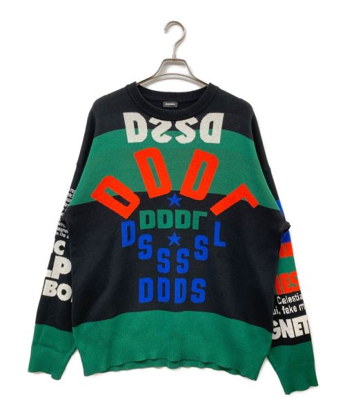 DIESEL（ディーゼル）DIESEL (ディーゼル) K-Rublo Jacquard cotton pullover マルチカラー総柄ニット ブラック×グリーン サイズ:ＸＬの古着・服飾アイテム