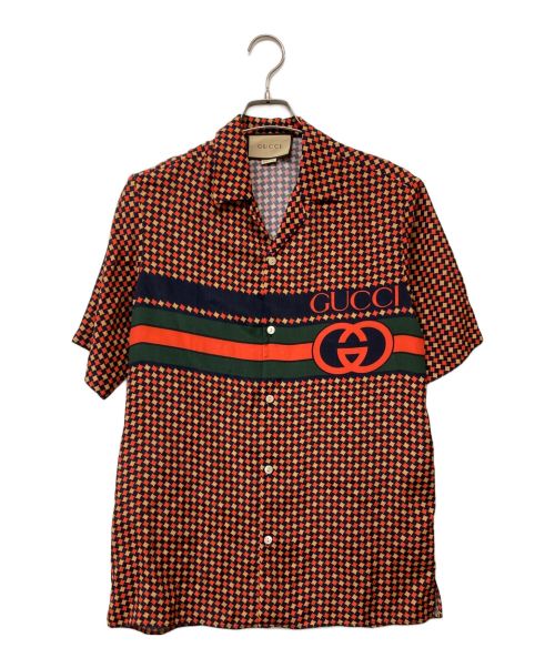 GUCCI（グッチ）GUCCI (グッチ) Houndstooth Print Bowling Shirt レッド×ネイビー サイズ:42の古着・服飾アイテム