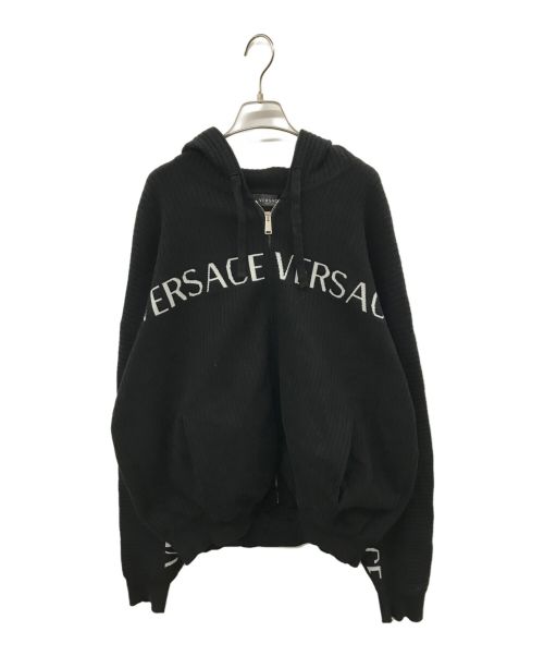 VERSACE（ヴェルサーチ）VERSACE (ヴェルサーチ) LOGO JACQUARD ZIP UP KNIT HOODIE ブラック サイズ:52の古着・服飾アイテム