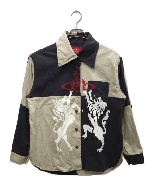 Vivienne Westwood RED LABEL（ヴィヴィアンウエストウッドレッドレーベル）Vivienne Westwood RED LABEL (ヴィヴィアンウエストウッドレッドレーベル) パッチワークプリントシャツ ネイビー×ベージュ サイズ:00の古着・服飾アイテム