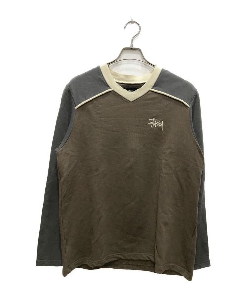 stussy（ステューシー）stussy (ステューシー) Panel V Neck LS Tee/パネルVネックLSティー ブラウン サイズ:Mの古着・服飾アイテム