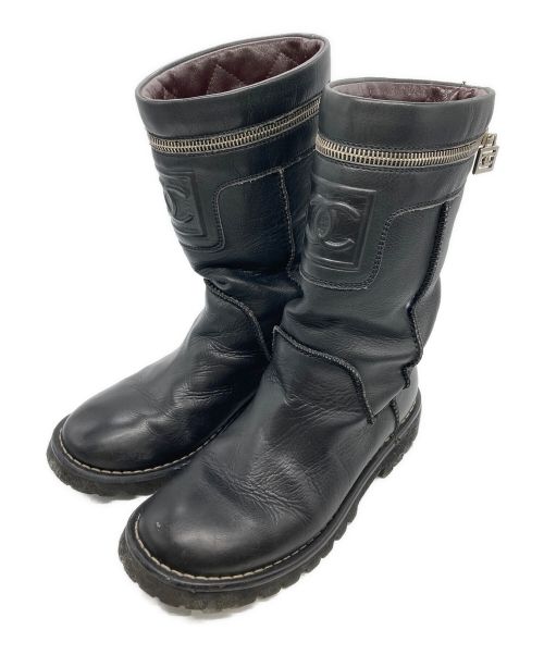 CHANEL（シャネル）CHANEL (シャネル) Black Leather Motorcycle Boots ブラック サイズ:35 1/2の古着・服飾アイテム