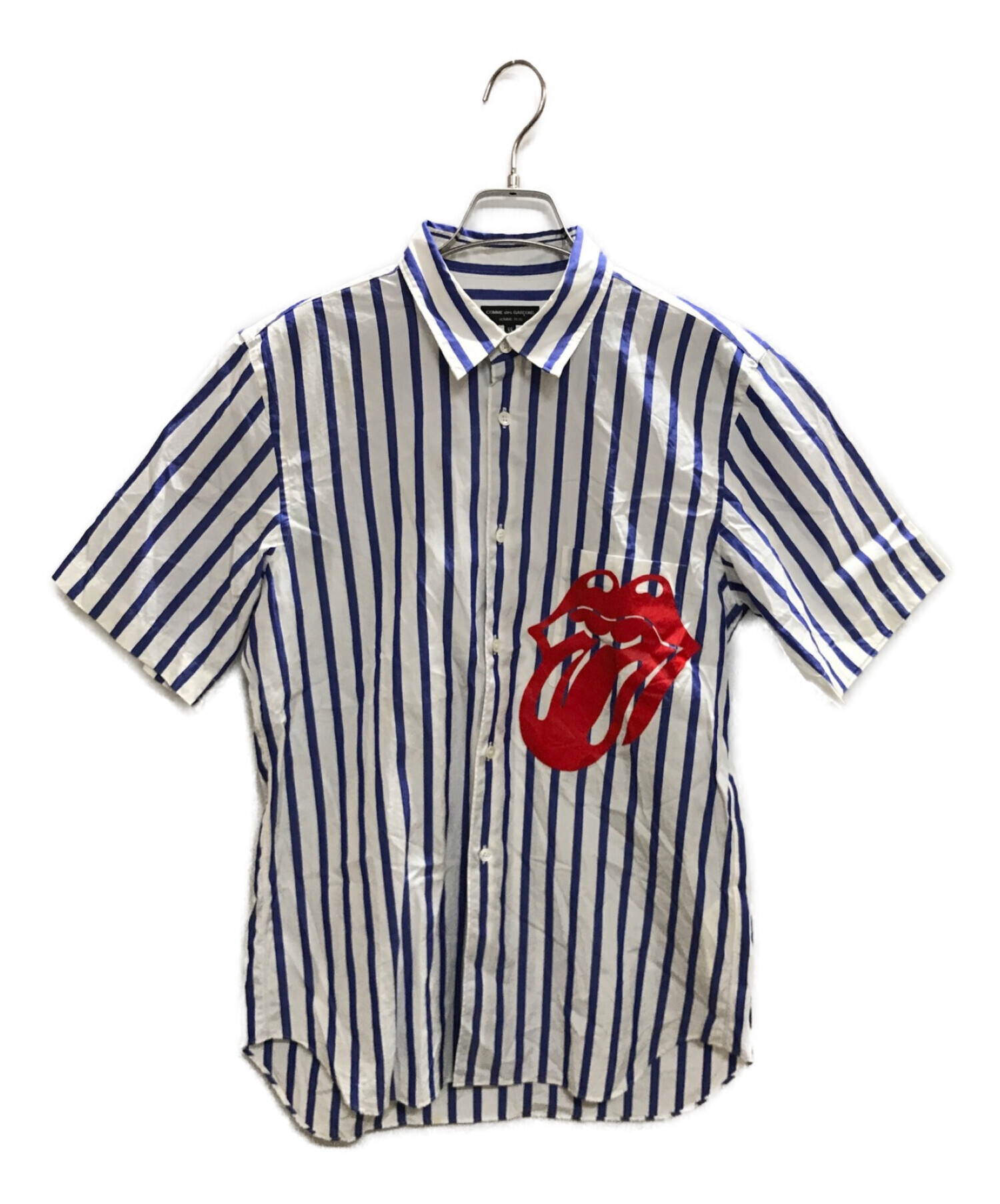 COMME des GARCONS HOMME PLUS (コムデギャルソンオムプリュス) リップ&タンプリントストライプシャツ ネイビー×ホワイト  サイズ:ＳＳ