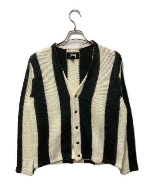 stussy（ステューシー）stussy (ステューシー) STRIPE BRUSHED CARDIGAN ホワイト×グレー サイズ:Ｓの古着・服飾アイテム