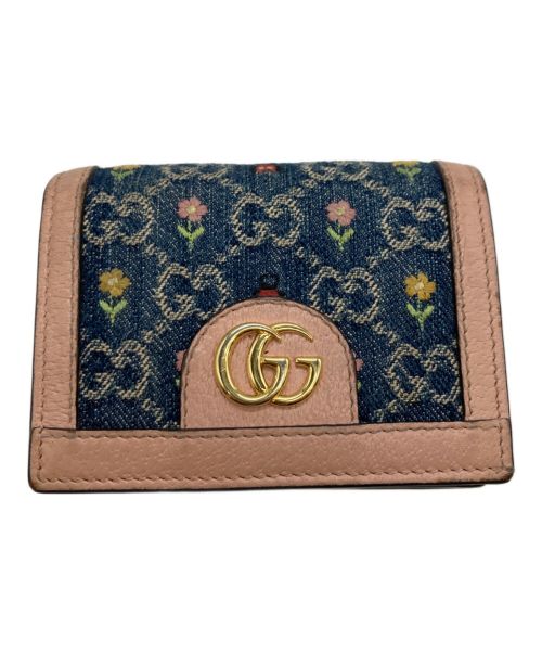 GUCCI（グッチ）GUCCI (グッチ) フローラルエンブロイダリー GGデニム コンパクトウォレット ピンク×ネイビーの古着・服飾アイテム