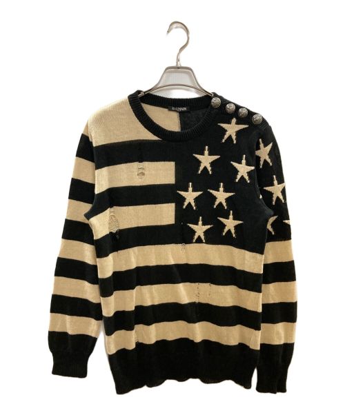 BALMAIN（バルマン）BALMAIN (バルマン) 星条旗ダメージ加工ニット/並行輸入品 ブラック×ベージュ サイズ:XSの古着・服飾アイテム