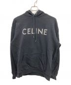 CELINEセリーヌ）の古着「Studded Logo-Print Cotton-Jersey Hoodie」｜ホワイト×ブラック