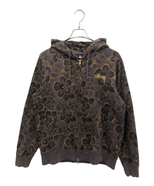 stussy（ステューシー）stussy (ステューシー) ハイビスカス柄ジップパーカー ブラウン サイズ:LARGEの古着・服飾アイテム