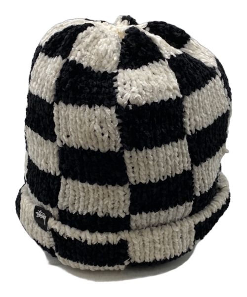 stussy（ステューシー）stussy (ステューシー) crochet checkered beanie ホワイト×ブラックの古着・服飾アイテム