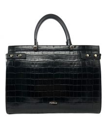 FURLA（フルラ）の古着「クロコ型押しハンドバッグ」｜ブラック