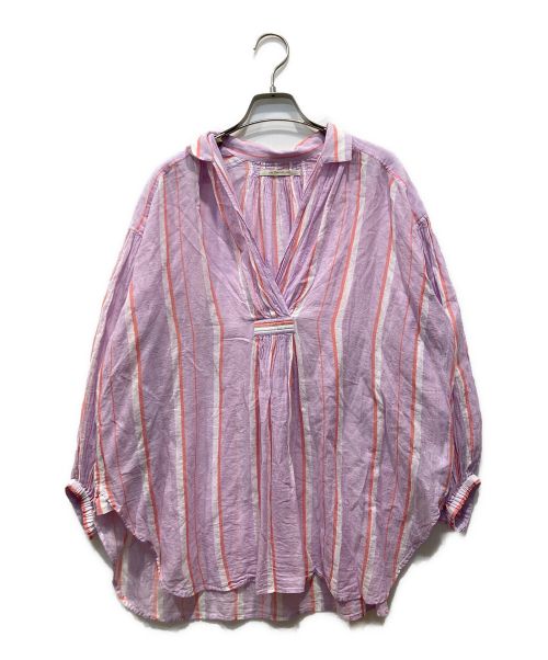 ne quittez pas（ヌキテパ）ne quittez pas (ヌキテパ) C.Voile Stripe Gather Blouse パープル×レッド サイズ:-の古着・服飾アイテム