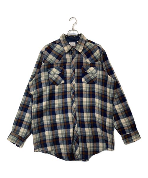 Sears（シアーズ）Sears (シアーズ) PLAID FLANNEL SHIRTS ベージュ×ネイビー サイズ:TALLの古着・服飾アイテム