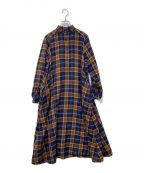 Graphpaperグラフペーパー）の古着「WOOL CHECK BAND COLLAR DRESS」｜ネイビー×ブラウン