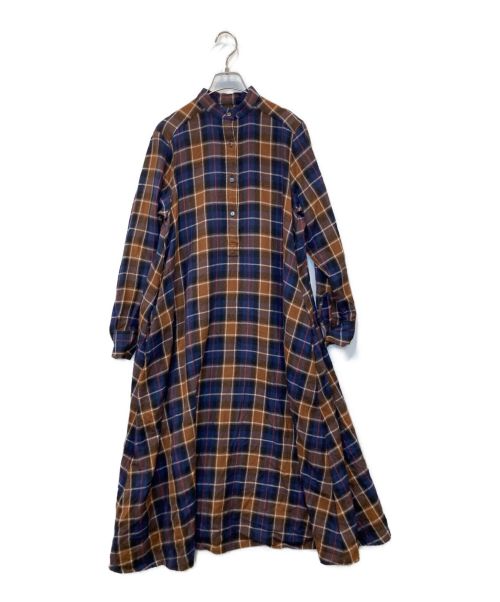 Graphpaper（グラフペーパー）Graphpaper (グラフペーパー) WOOL CHECK BAND COLLAR DRESS ネイビー×ブラウン サイズ:00の古着・服飾アイテム