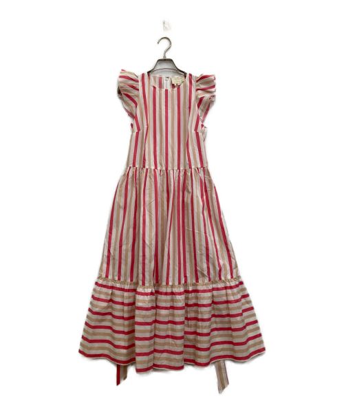 Kate Spade（ケイトスペード）Kate Spade (ケイトスペード) Stripe Poplin Midi Dress ホワイト×ベージュ×ピンクの古着・服飾アイテム