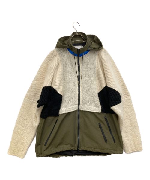 sacai（サカイ）sacai (サカイ) Wool Knit Hoodie カーキ×アイボリー×ブラック サイズ:２の古着・服飾アイテム