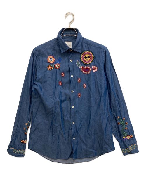 PAUL SMITH（ポールスミス）PAUL SMITH (ポールスミス) Psychedelic Sun MULTI MOTIF EMBROIDERY SHIR インディゴ サイズ:LARGEの古着・服飾アイテム