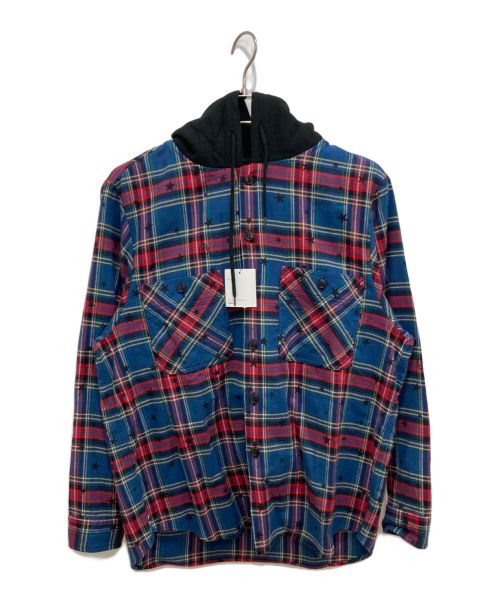 uniform experiment（ユニフォームエクスペリメント）uniform experiment (ユニフォームエクスペリメント) STAR FLANNEL CHECK BIG HOODED SHIRT ブルー×レッド サイズ:Sの古着・服飾アイテム