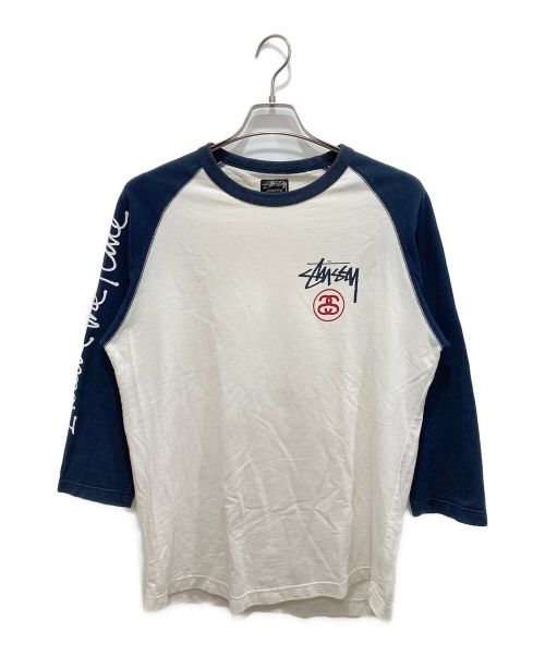 stussy（ステューシー）stussy (ステューシー) ラグランカットソー ホワイト×ネイビー サイズ:Mの古着・服飾アイテム