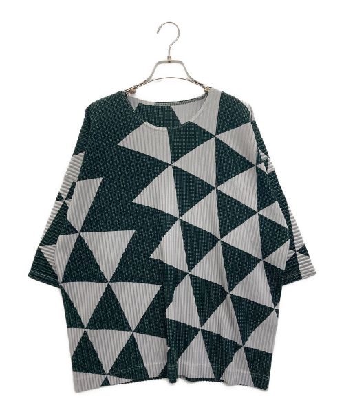 HOMME PLISSE ISSEY MIYAKE（オムプリッセ イッセイ ミヤケ）HOMME PLISSE ISSEY MIYAKE (オムプリッセ イッセイ ミヤケ) TRIANGULAR GRID半袖カットソー グレー×グリーン サイズ:SIZE Mの古着・服飾アイテム