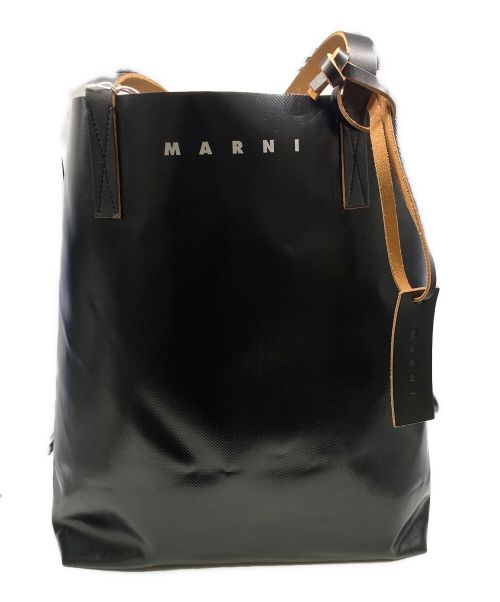 MARNI（マルニ）MARNI (マルニ) ポリエステル×レザーバイカラーロゴトートバッグ ブルー×ブラックの古着・服飾アイテム