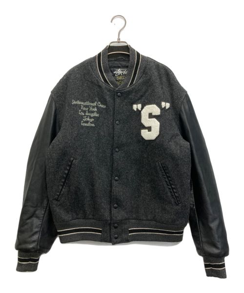 stussy（ステューシー）stussy (ステューシー) レザー切替バーシティジャケット グレー サイズ:SIZE Lの古着・服飾アイテム