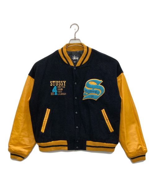 stussy（ステューシー）stussy (ステューシー) 90’sレザー切替ワッペンスタジャン ネイビー×イエロー サイズ:Mの古着・服飾アイテム