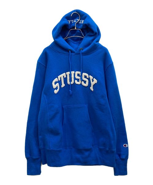 stussy（ステューシー）stussy (ステューシー) Champion REVERSE WEAVE (チャンピオンリバースウィーブ) ロゴ プルオーバーパーカー　リバースウィーブ ブルー サイズ:Mの古着・服飾アイテム