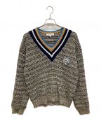 maison kitsuneメゾンキツネ）の古着「23AW BOLD FOX HEAD CRAFTY COMFORT JUMPER コットン Vネック チルデンニット」｜ネイビー×ブラウン