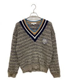 maison kitsune（メゾンキツネ）の古着「23AW BOLD FOX HEAD CRAFTY COMFORT JUMPER コットン Vネック チルデンニット」｜ネイビー×ブラウン