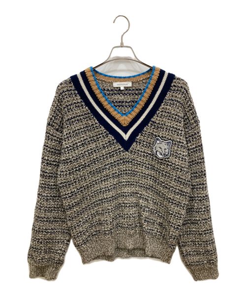 maison kitsune（メゾンキツネ）maison kitsune (メゾンキツネ) 23AW BOLD FOX HEAD CRAFTY COMFORT JUMPER コットン Vネック チルデンニット ネイビー×ブラウン サイズ:Sの古着・服飾アイテム