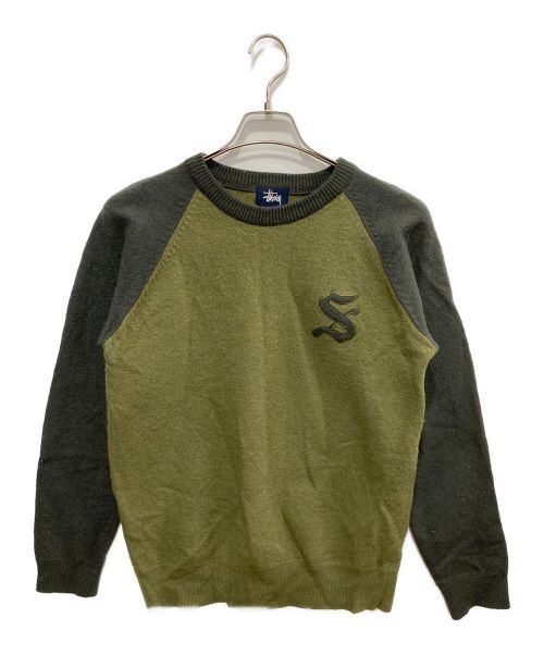 stussy（ステューシー）stussy (ステューシー) ラグランニット グリーン×グレー サイズ:Sの古着・服飾アイテム