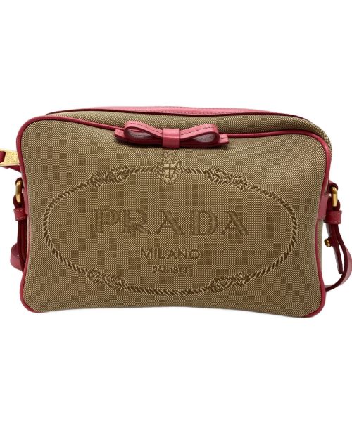 PRADA（プラダ）PRADA (プラダ) ロゴジャガードショルダーバッグ ベージュの古着・服飾アイテム