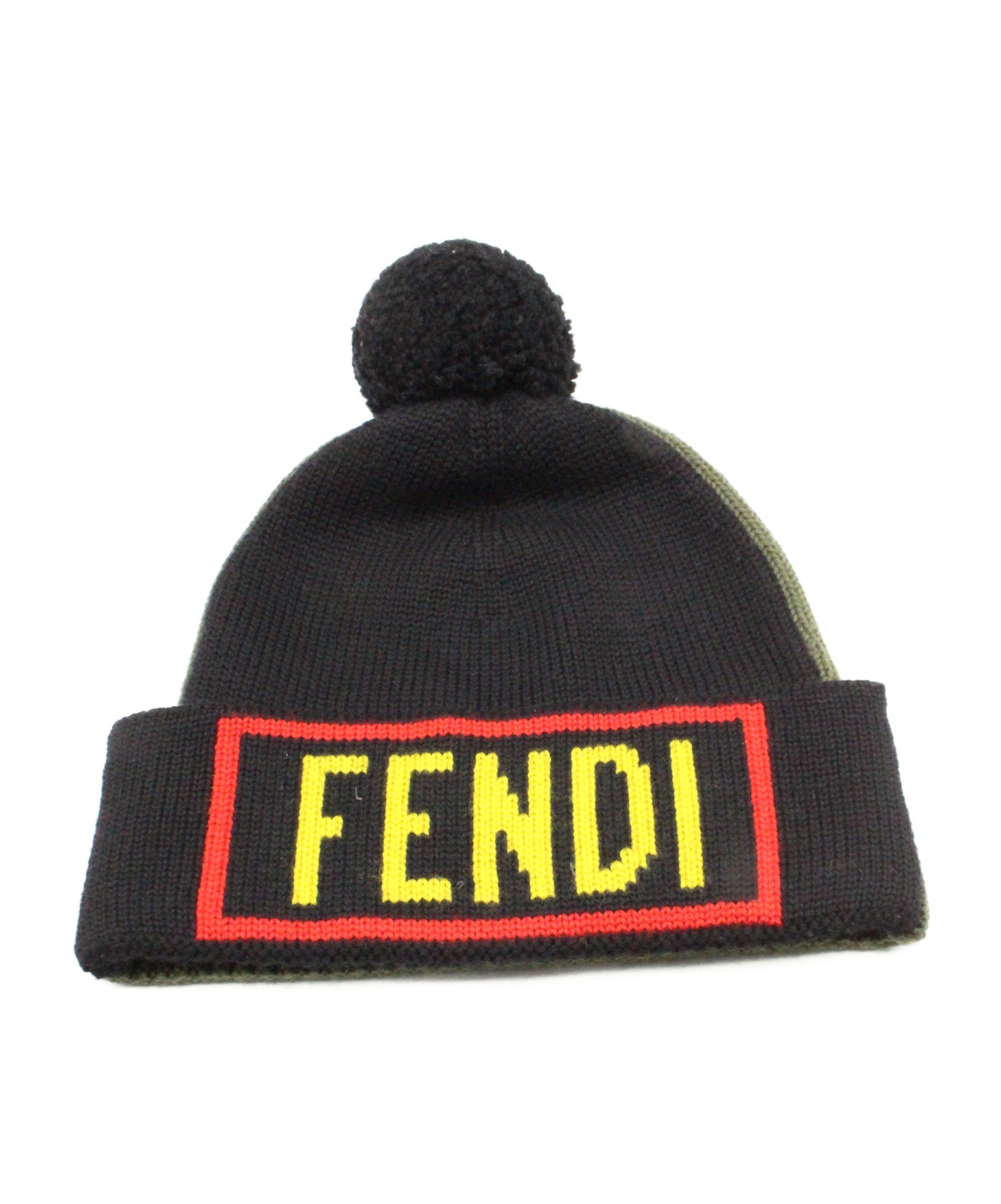 FENDI (フェンディ) ニット帽 ブラック×オリーブ サイズ:-