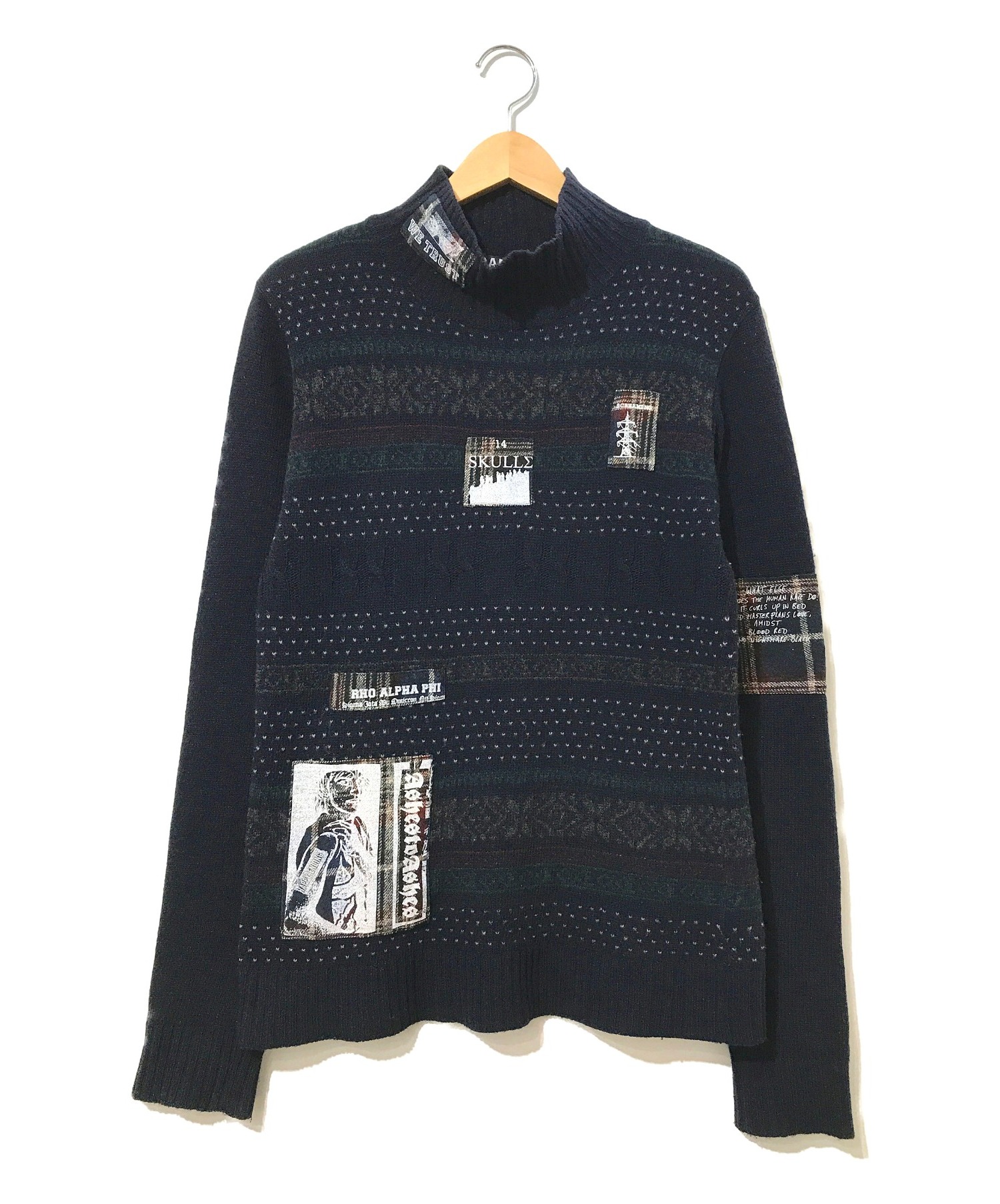 【中古・古着通販】RAF BY RAF SIMONS (ラフ バイ ラフ シモンズ) [OLD]コラージュパッチハイネックニット ネイビー