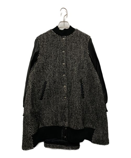 sacai luck（サカイラック）sacai luck (サカイラック) wool tweed leather sleeve flared back bomber coat ブラック サイズ:1の古着・服飾アイテム