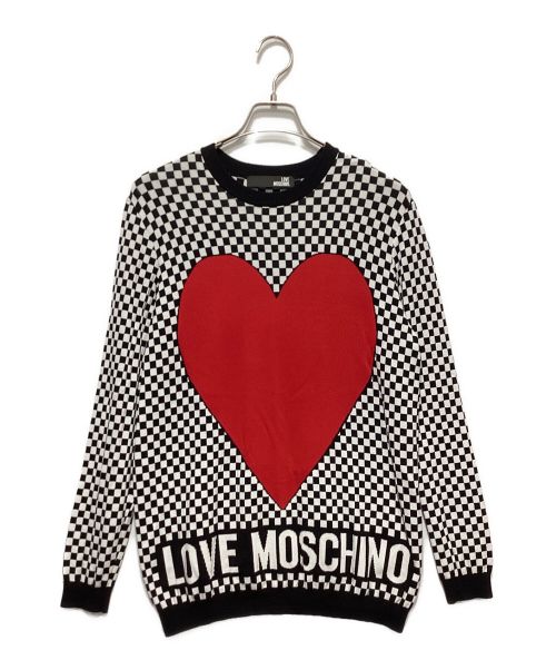 LOVE MOSCHINO（ラブモスキーノ）LOVE MOSCHINO (ラブモスキーノ) フラグチェッククルーネックニット ホワイト×ブラック サイズ:40の古着・服飾アイテム