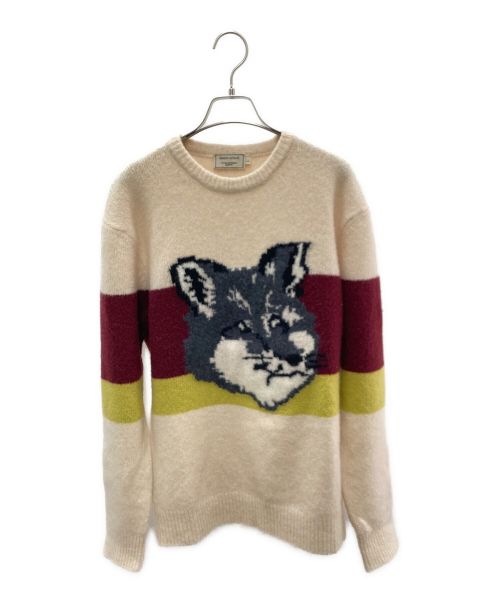 maison kitsune（メゾンキツネ）maison kitsune (メゾンキツネ) BLOCK FOX HEAD PULLOVER アイボリー×レッド サイズ:Lの古着・服飾アイテム