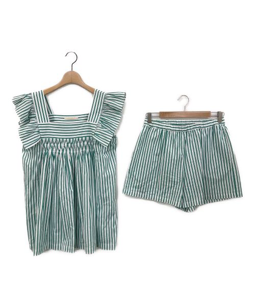 ne quittez pas（ヌキテパ）ne quittez pas (ヌキテパ) 山城葉子 (ヤマシロヨウコ) CTN STRIPE PINTUCK TUNIC WITH SHORT グリーン サイズ:-の古着・服飾アイテム