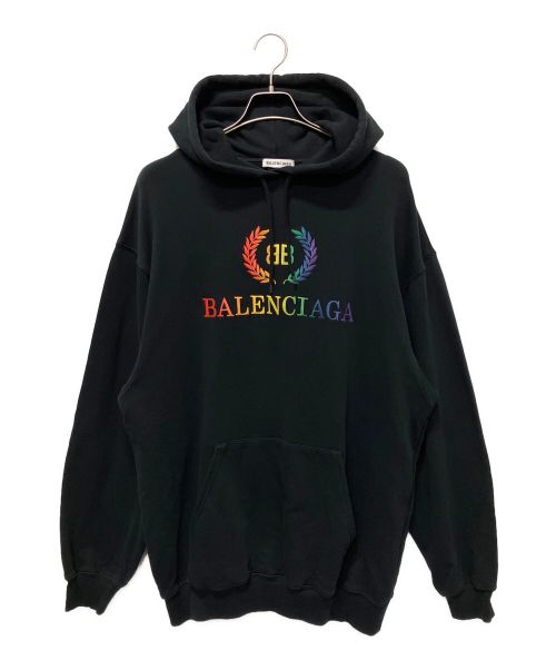 BALENCIAGA（バレンシアガ）BALENCIAGA (バレンシアガ) レインボーロゴ刺繍プルオーバーパーカー ブラック サイズ:Sの古着・服飾アイテム