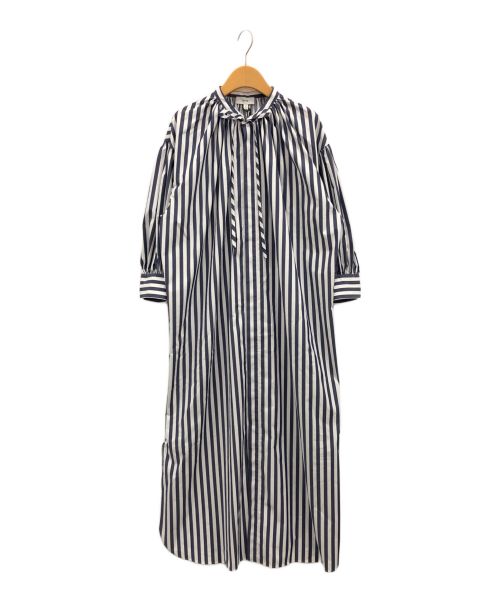 HYKE（ハイク）HYKE (ハイク) BALLOON SLEEVE GATHERED BLUE STRIPE DRESS ネイビー サイズ:2の古着・服飾アイテム