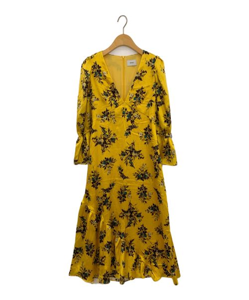 ERDEM（アーデム）ERDEM (アーデム) EVA FLORAL PRINT V-NECK SATIN MIDI DRESS イエロー サイズ:UK8の古着・服飾アイテム