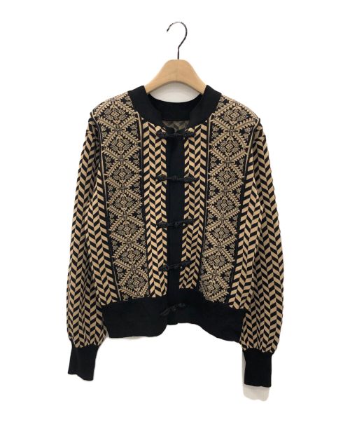 Ameri（アメリ）AMERI (アメリ) UND HERRINGBONE JACQUARD KNIT CARDIGAN ベージュ×ブラック サイズ:Fの古着・服飾アイテム