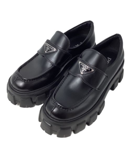 PRADA（プラダ）PRADA (プラダ) Monolith Brushed Leather Loafers（モノリス ブラッシュドレザーローファー) ブラック サイズ:38の古着・服飾アイテム