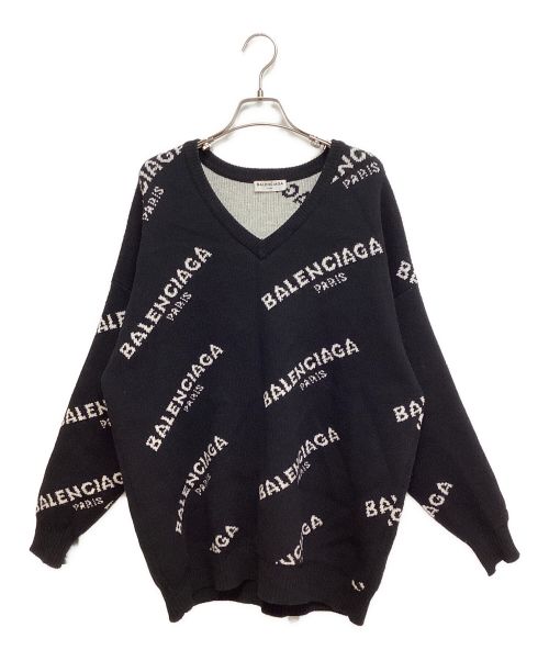 BALENCIAGA（バレンシアガ）BALENCIAGA (バレンシアガ) 18AW V-Neck Logo Jacquard Knit（Vネックロゴジャガードニット） ブラック サイズ:34の古着・服飾アイテム