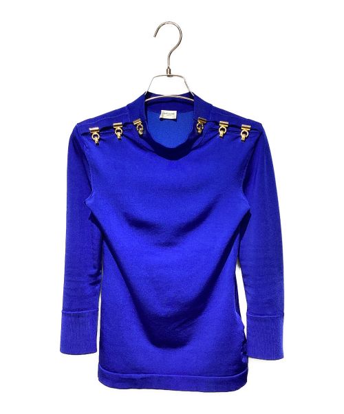 Saint Laurent Paris（サンローランパリ）Saint Laurent Paris (サンローランパリ) Gold Embellished Mock Neck Knit（ゴールド装飾 モックネックニット） ブルー サイズ:XSの古着・服飾アイテム