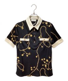 CELINE（セリーヌ）の古着「Jewelry Print Silk Polo Blouse（ジュエリープリントシルクブラウス）」｜ブラック